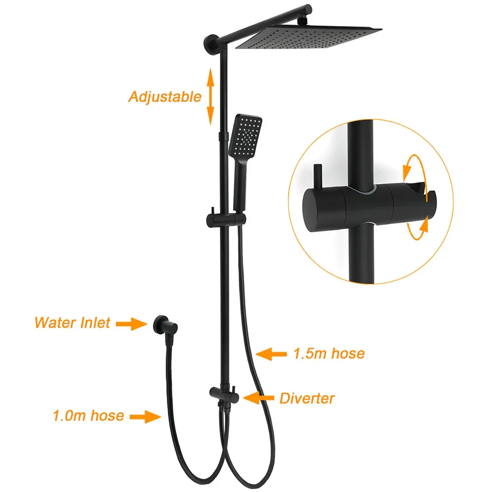WELS Matt Black 2in1 Square 10" Rain Shower Head 3 Mode Handheld Adjustable Rail Set + Mixer - Image 2