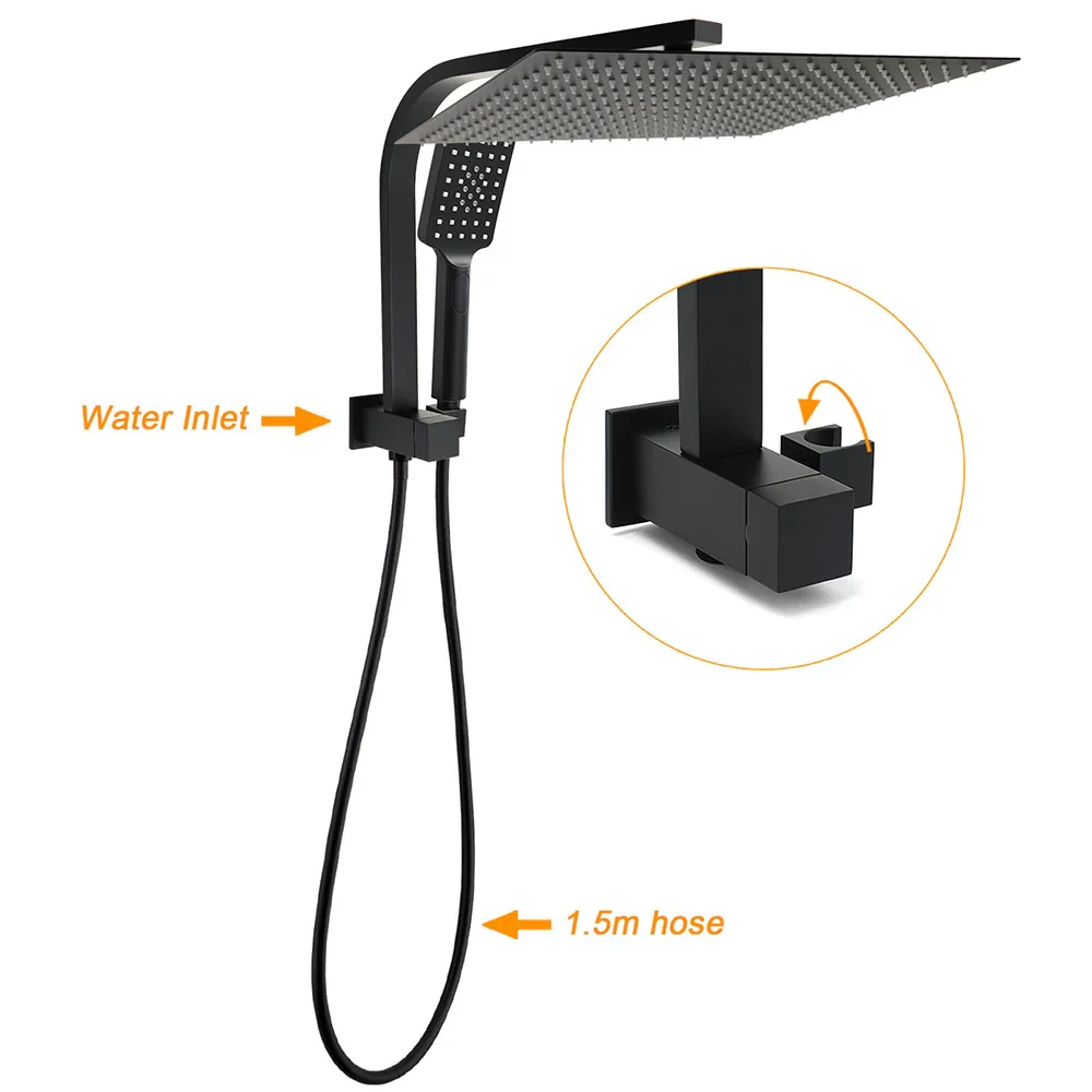 WELS Matt Black Dual Set 16" Extra Large Shower Head 3 Modes Handheld Gooseneck Arm Diverter - Image 2