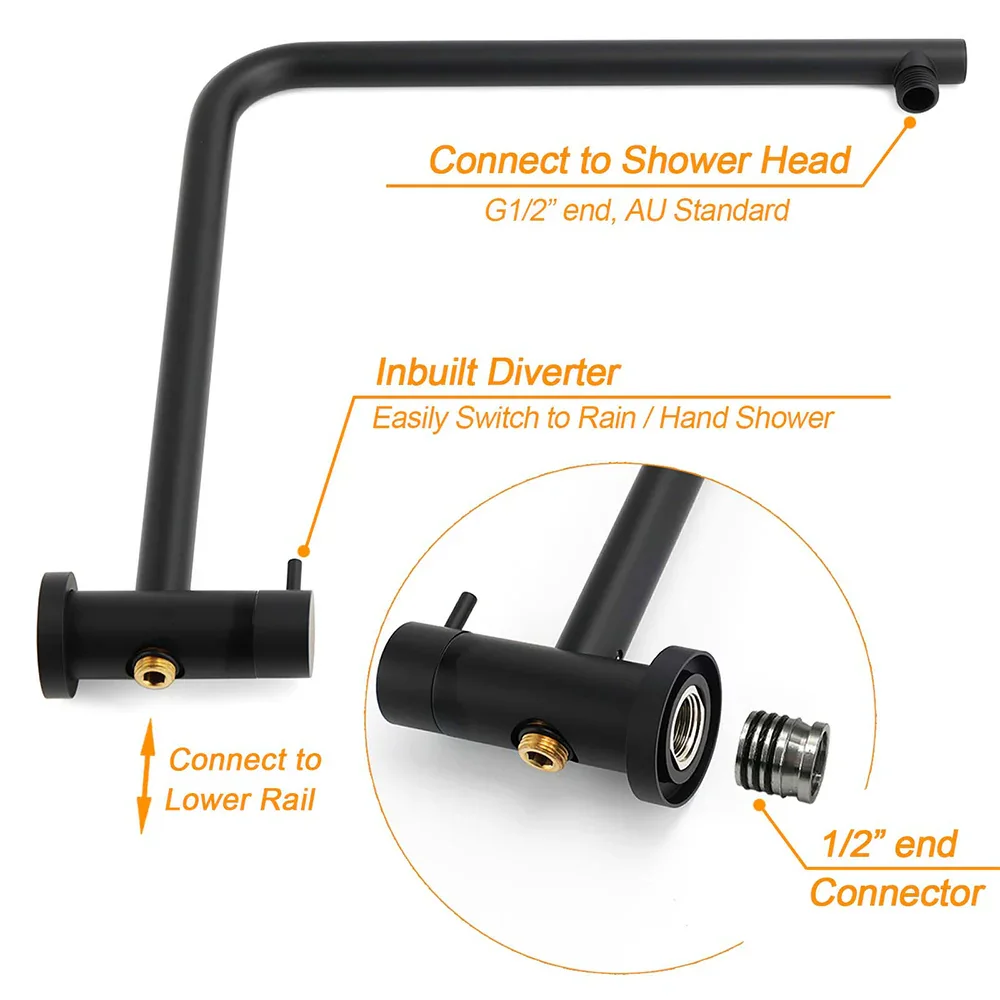 WELS Matt Black Round 2in1 8" Shower Head Sliding Rail Arm 3 Modes Handheld Mixer Set - Image 4