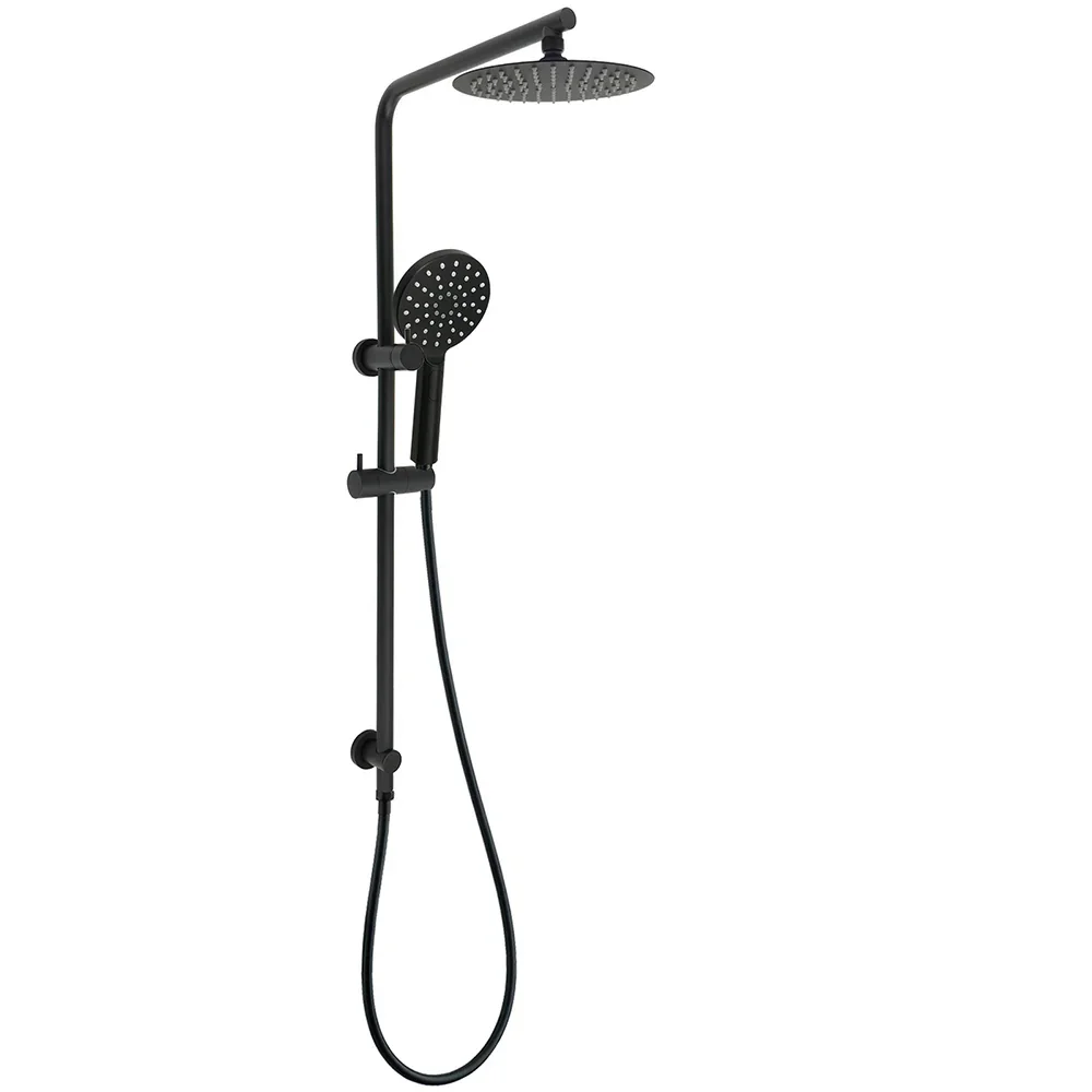 WELS Matt Black Round 2in1 8" Shower Head Sliding Rail Arm 3 Modes Handheld Set