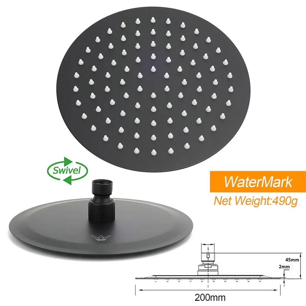 WELS Matt Black Round 2in1 8" Shower Head Sliding Rail Arm 3 Modes Handheld Set - Image 6