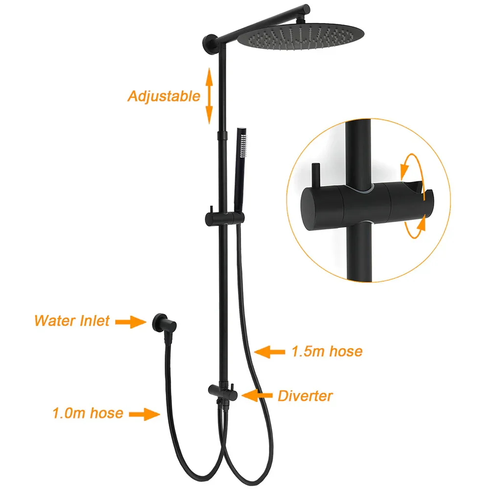 WELS Matt Black Twin Round 12" Shower Head Set Metal Handheld Flexible Rail Wall Arm Mixer - Image 2