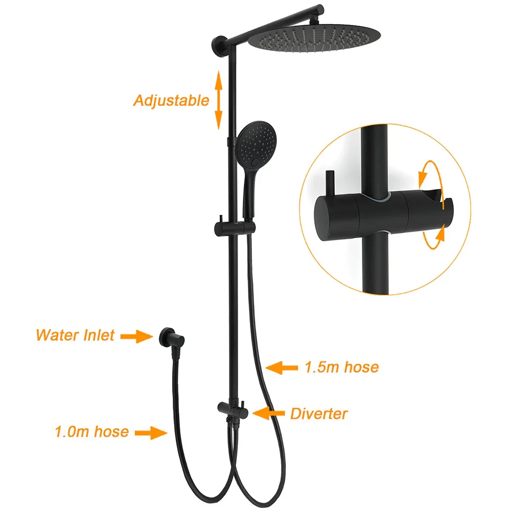WELS Matte Black 12" 2in1 Round Shower Head Set Handheld Diverter Rail Wall Arm Twin Taps - Image 2