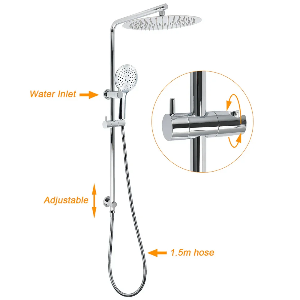 WELS Round Shower Head Handheld Sliding Rail Arm Chrome 12" Rainfall 2in1 Mixer Set - Image 2