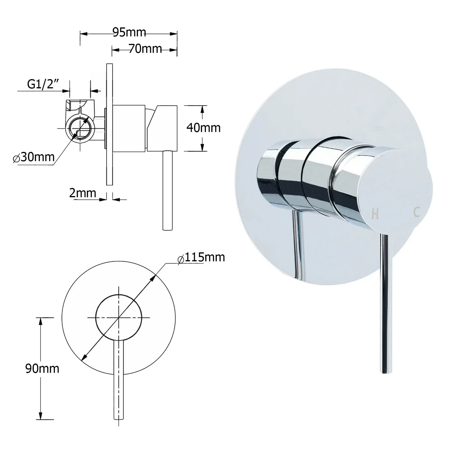 WELS Round Shower Head Handheld Sliding Rail Arm Chrome 12" Rainfall 2in1 Mixer Set - Image 8