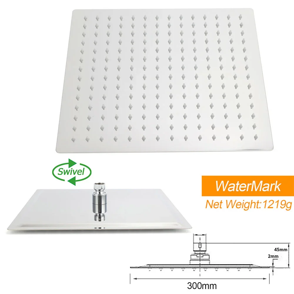 WELS Square Large 12" Shower Head 3 Mode Handheld Diverter Wall Arm 2in1 Set + Taps - Image 6
