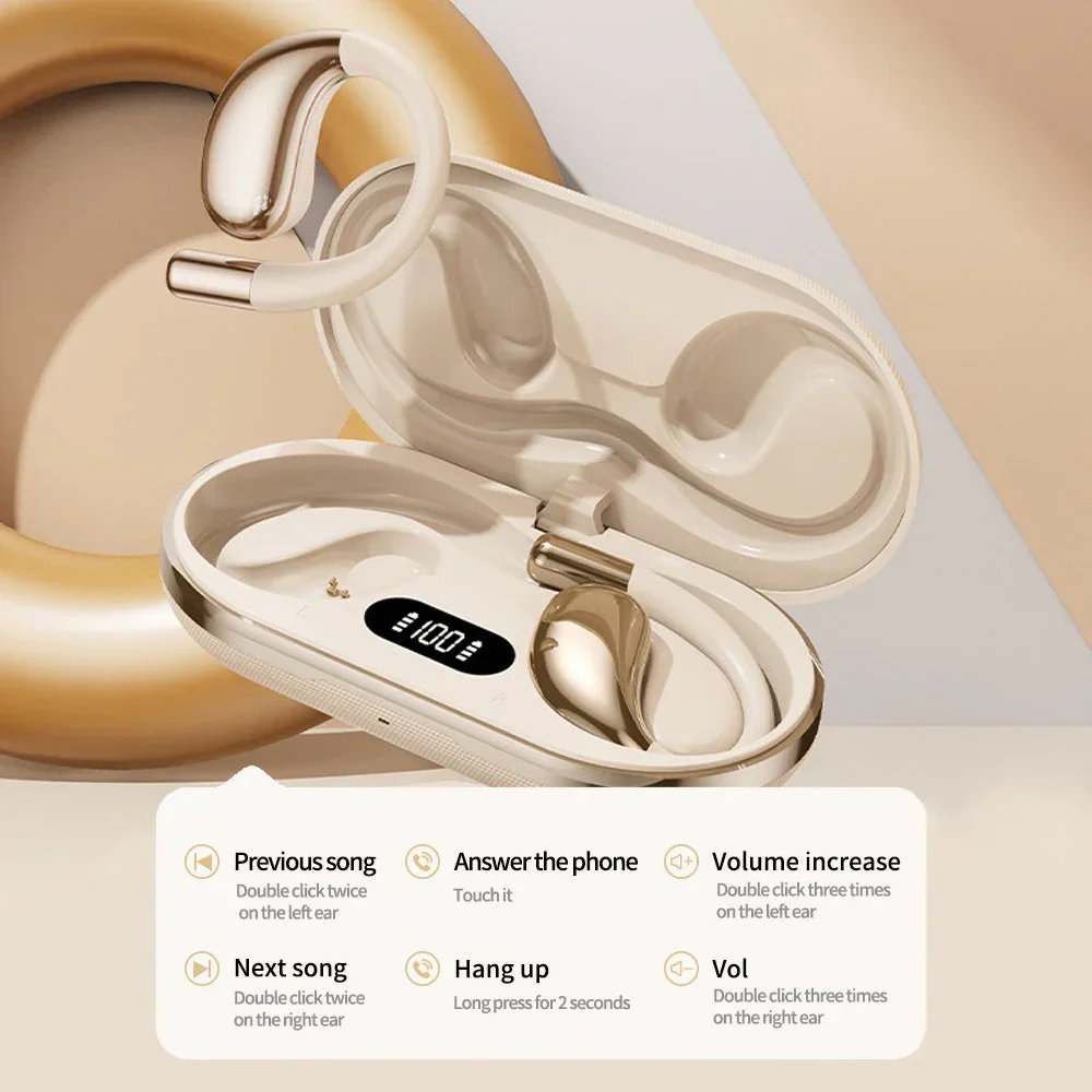 Wireless Earhook Sports Headphones Open-Ear Bluetooth 5.4 Sweat-Resistant Earphones (Beige) - Image 9