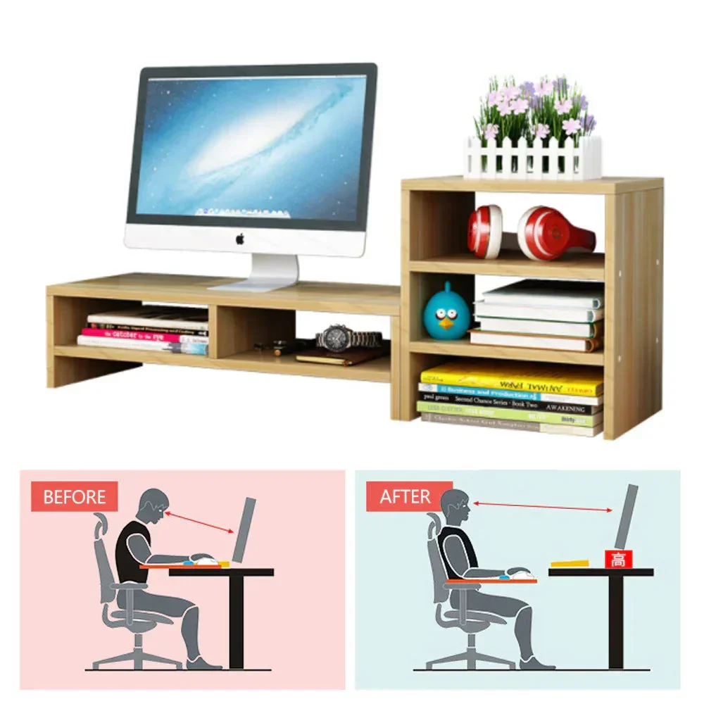 Wooden Desk Monitor Riser Stand With 3Tier Storage Shelves Desktop Bookshelf(Walnut Wood(Style 01)) - Image 3