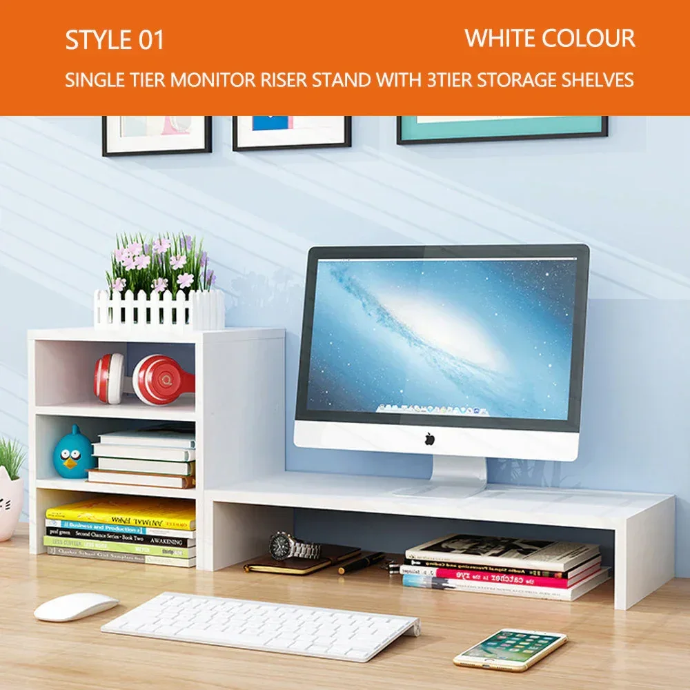 Wooden Desk Monitor Riser Stand With 3Tier Storage Shelves Desktop Bookshelf(Walnut Wood(Style 01)) - Image 4
