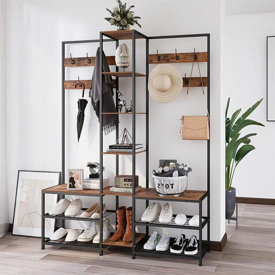 Xxl Corner Coat Stand Widen Depth Bench Shoe Rack Storage Shelves 10 Dual Hooks - Image 3