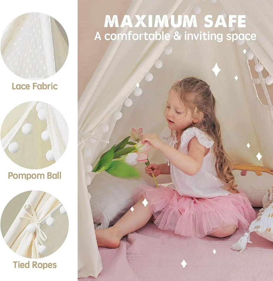 Xxl Kids Play Teepee Tent Indoor Boho Tent Foldable Tipi With Window/Pompom/Mat - Image 10