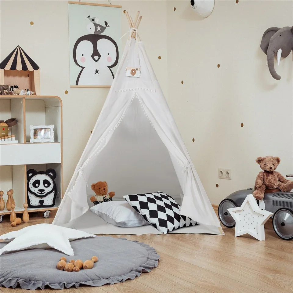 Xxl Kids Play Teepee Tent Indoor Boho Tent Foldable Tipi With Window/Pompom/Mat - Image 6