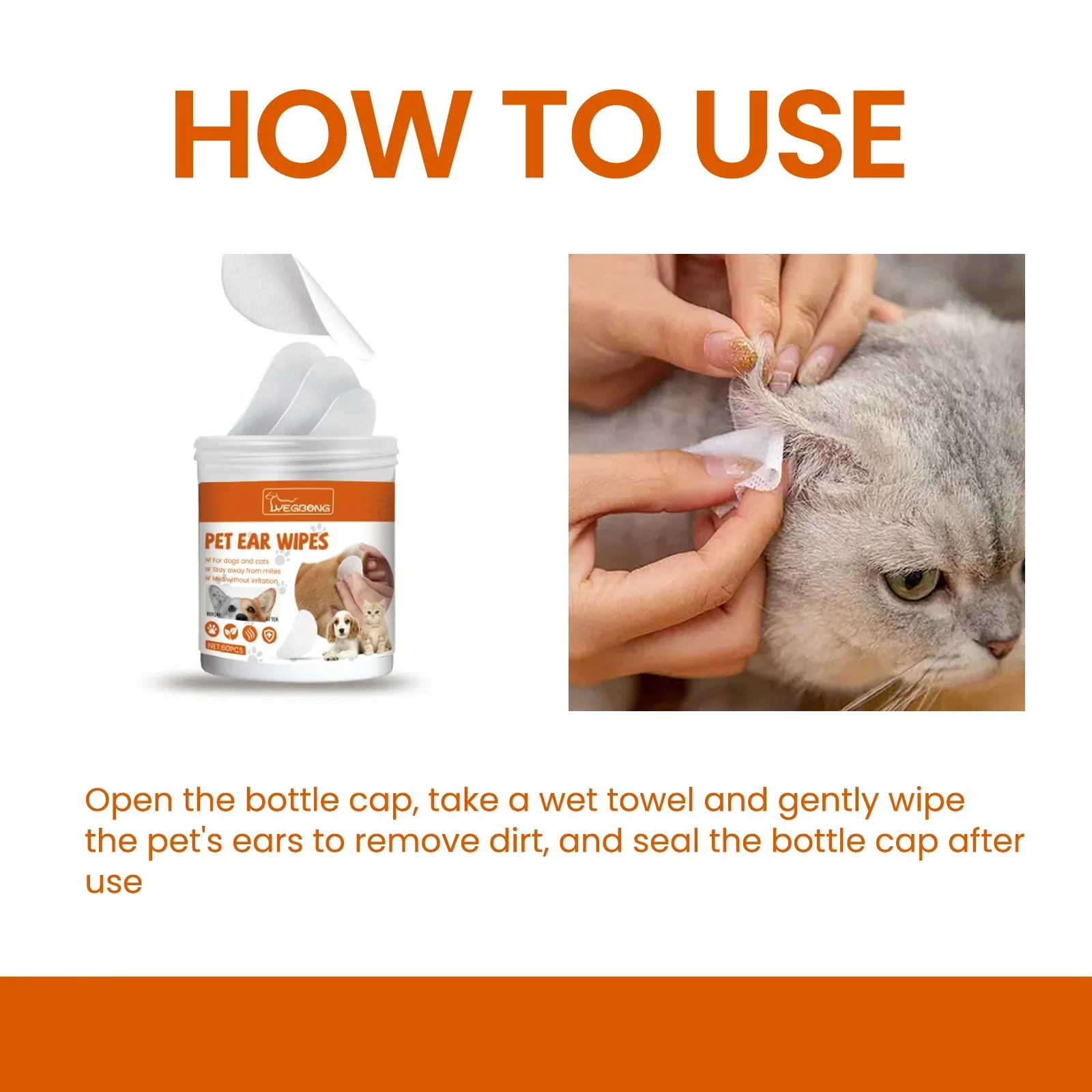 Yegbong Pet Ear Wipes, Pet Ear Cleaning Deodorizing Removing Mite And Earwax Cleaning Wipes - Image 6